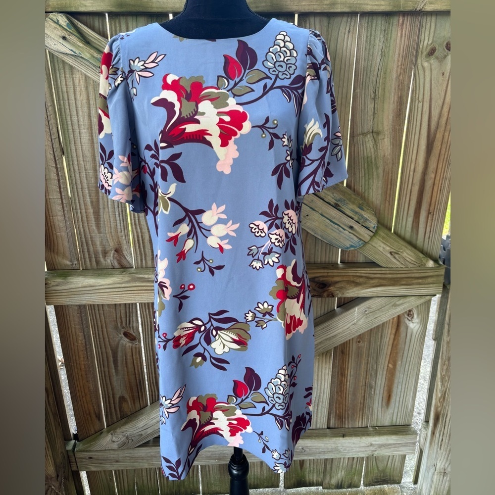 Ann Taylor Blue Floral Shift Dress with Short Flutter Sleeves Size 6